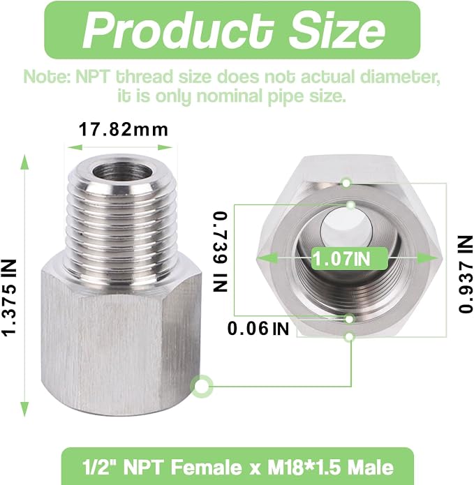 Stainless Steel 304 1/2" NPT Female x M18*1.5 Male Pipe Adapter 1pc - Image 2
