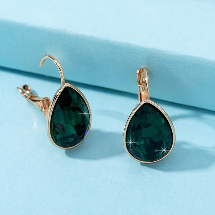 Teardrop Austrian Crystal Leverback Drop Earrings for Women 14K Rose Gold Plated Hypoallergenic Jewelry