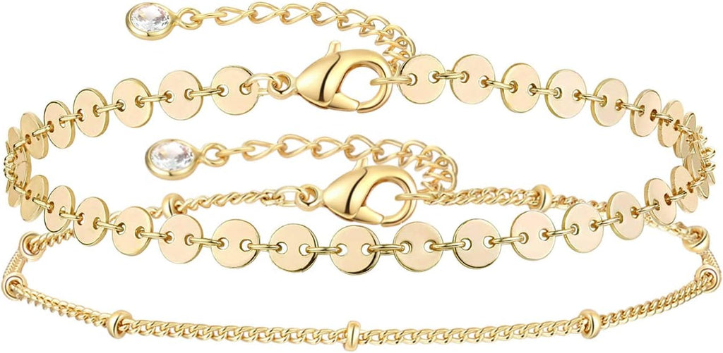 Dainty Layered Gold Chain Bracelet for Women 14K Gold Plated Handmade Adjustable Bracelet Satellite Beads Oval Mariner Figaro Link Chain Bracelets Minimalist Layering Stacking Jewelry Gift for Women