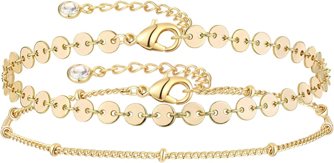 Dainty Layered Gold Chain Bracelet for Women 14K Gold Plated Handmade Adjustable Bracelet Satellite Beads Oval Mariner Figaro Link Chain Bracelets Minimalist Layering Stacking Jewelry Gift for Women