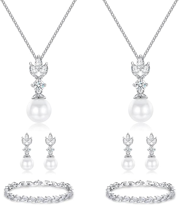 Wedding Jewelry for Bride Bridesmaid, Pearl Dangle Earrings and Pendant Necklace Set Bridal Jewelry for Promise Wedding Party