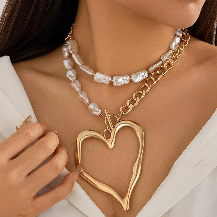 Chunky Gold Heart Necklace for Women,Y2K Big Heart Statement Necklace Long Puffy Hearts Chain Charm Necklaces Trendy Jewerly