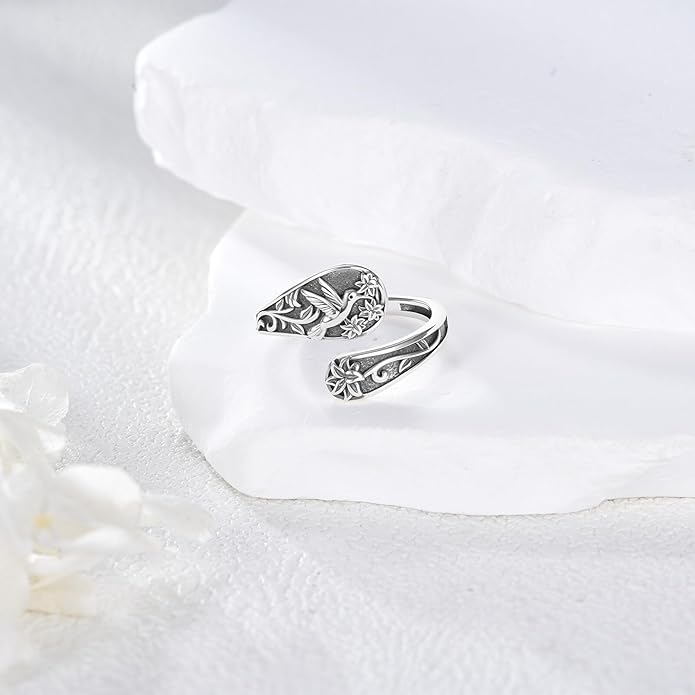 URONE Hummingbird/Bee/Scorpion/Moon Phase Spoon Ring Sterling Silver Thumb Ring Vintage Jewelry Gifts for Women
