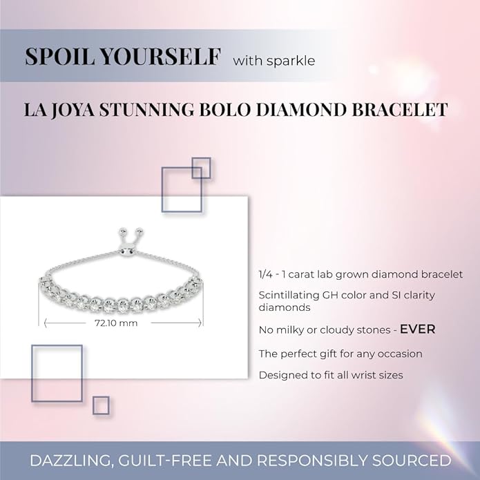 Lab Grown Diamond Bracelets for Women | 1/4-1 Carat White Gold Plated Sterling Silver Adjustable Bolo Diamond Bracelet