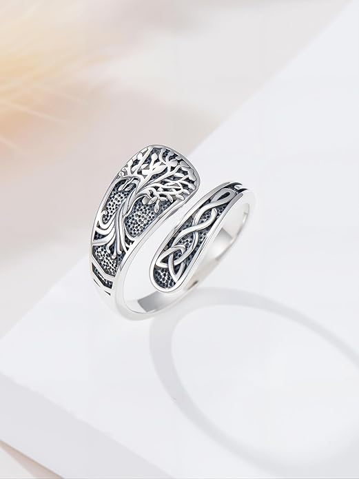Midari Sun and Moon/Bee/Celtic/Life of Tree/Lotus Spoon Ring for Women 925 Sterling Silver Adjustable Ring Open Ring for Women Men Halloween Birthday Gift