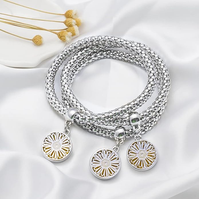 Crystal Charms Multilayer Bracelets - 3PCS Gold/Silver/Rose Gold Corn Chain Bracelet for Women, Tree of Life Heart Shaped Stretch Bracelet