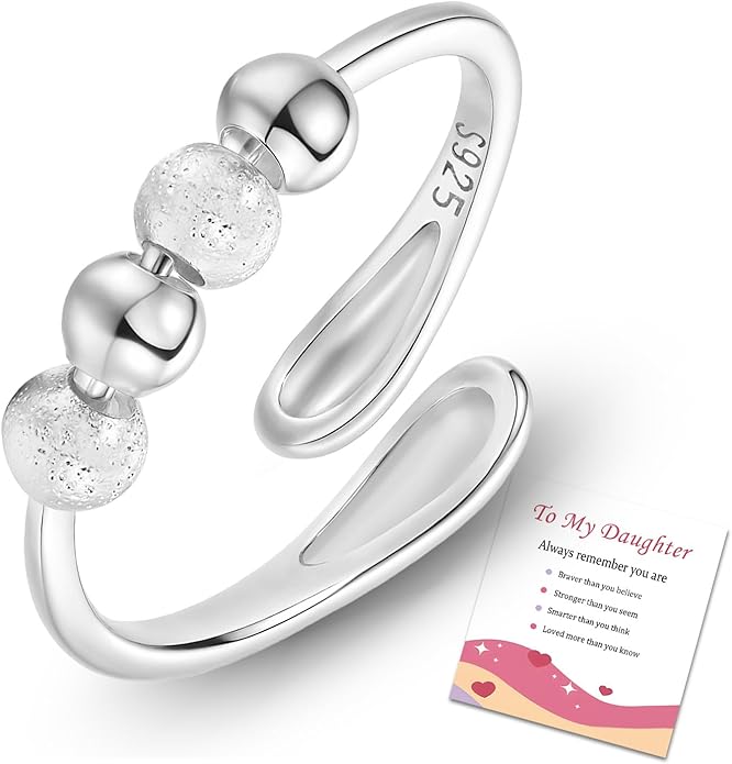 HEEYA Anxiety Rings for Women,Sterling Silver Rings to my Daughter,Adjustable Stress Spinner Ring with Beads,Anxiety Fidget Ring for Women,Thumb Jewelry for Birthday,Christmas with Gift Card