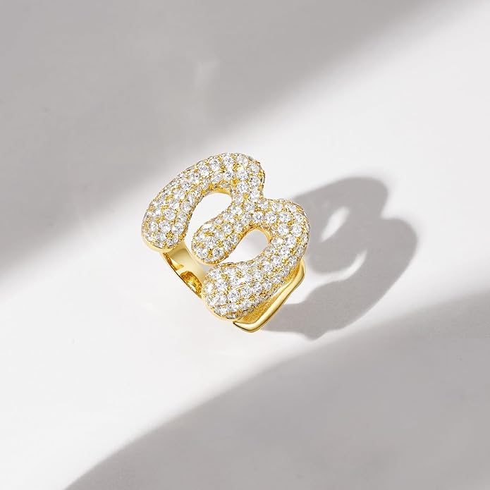 KissYan Bubble Initial Ring Valentines Day Gifts for Women, 14k Gold Plate Balloon Jumbo Letter Rings Open Adjustable Dainty Pave CZ Personalized Fashion Trendy Statement Jewelry