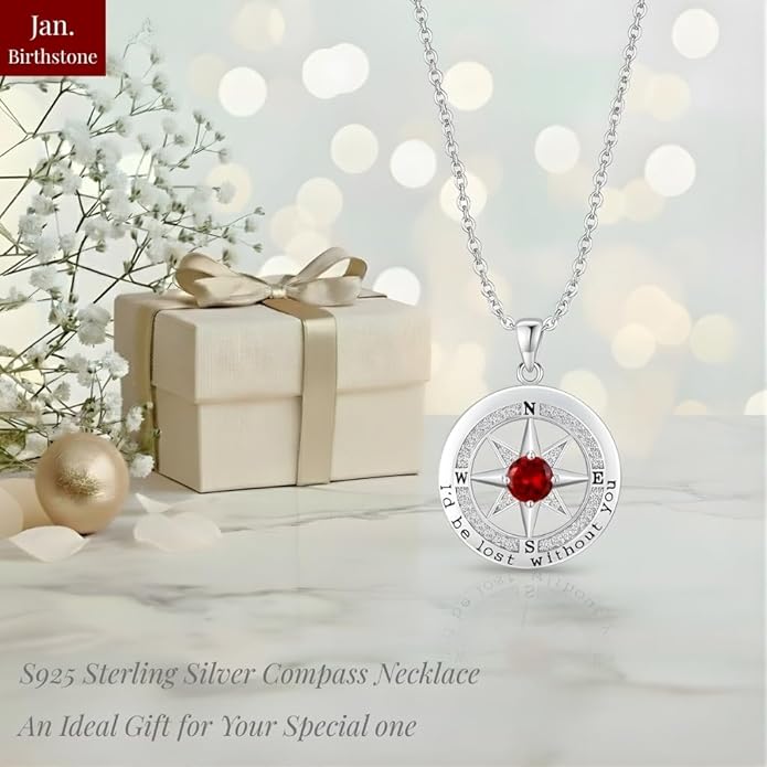 Compass Necklace for Women Wife Girlfriend Mom Daughter Gifts S925 Sterling Silver Jewelry For Anniversary Rose Gold Gifts For Birthday Christmas Mothers Valentines Day 12 Birthstones