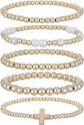 Kvekstio Gold Beaded Bracelet Set for Women – 5 Pack Layered Stackable Stretch Bracelets with Mixed Bead Sizes, Pearl-Style & Cross Charm, Minimalist Beads Jewelry Gifts for Everyday Wear & Holiday