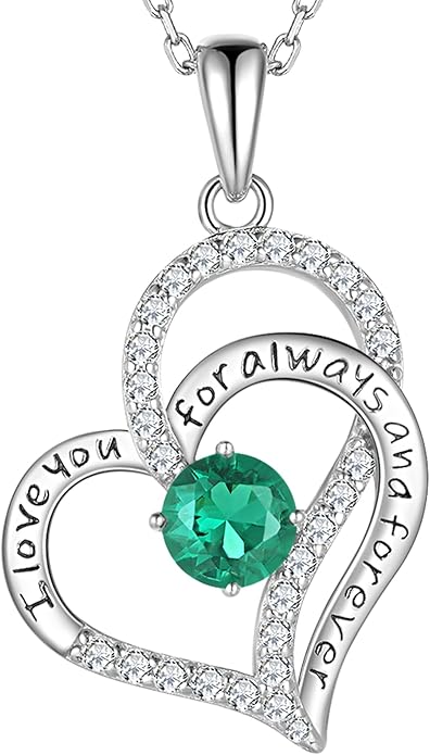 Birthday Gifts Double Heart Birthstone Necklace for Women, S925 Sterling Silver Pendant Necklace Jewelry for Her Mother Mom Wife Girlfriend