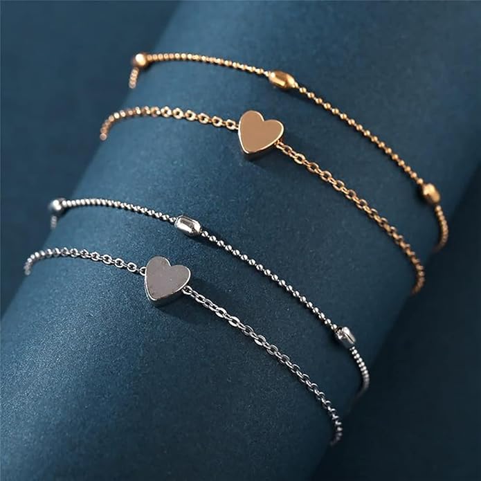 MIDEEO Gold/Silver Ankle Bracelets for Women,14K Gold Anklets for Women Waterproof Cuban Link Heart Beads Herringbone Rhinestone Anklets Set Layered Anklet Bracelets for Women Gold Jewelry Gift