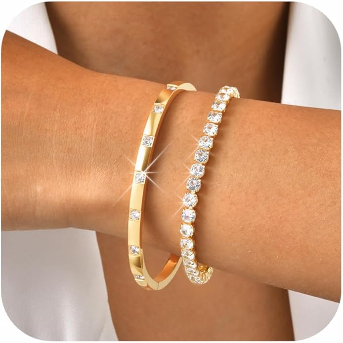 Stackable Gold Bracelets for Women - 2Pcs 18K Gold Plated Cubic Zirconia Bangle Bracelet Friendship Tennis Bracelet Stack Jewelry,Party Christmas Birthday Gifts for Her Girlfriend Sister Wife Daughter