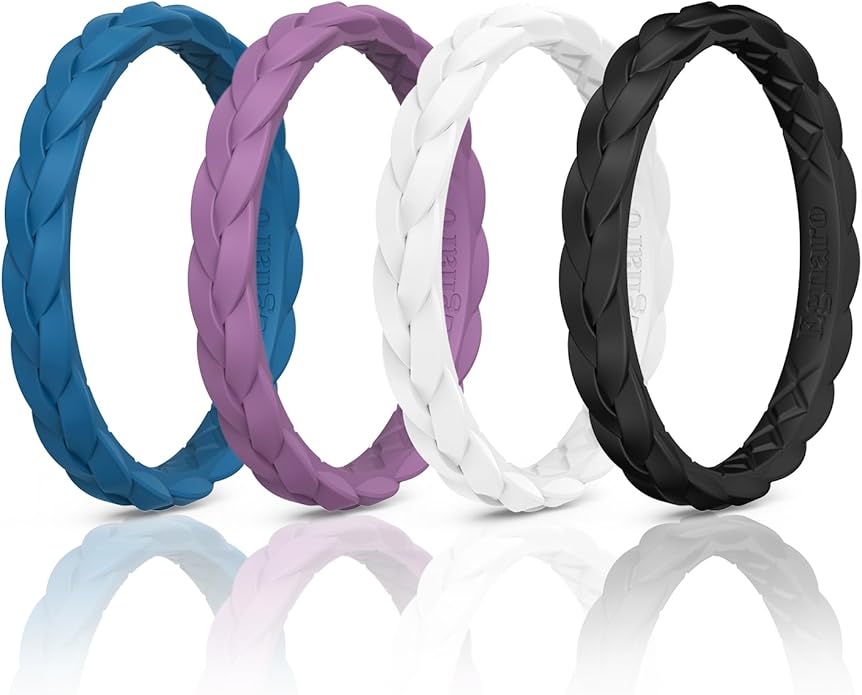 Egnaro Thin Silicone Anniversary Rings:2.5mm Wide - 2mm Thick Woven Design Statement Rubber Wedding bands Women,2-5 Variety Multipack