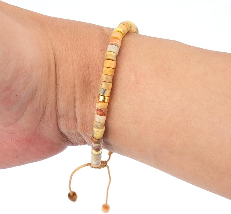 Adjustable Natural Stone Bracelet Set for Women & Men, Handmade Stretchable Beaded Bracelets (Crazy Agate/Blue Emperor/Red Wood Grain/Tiger Eye/Red Turquoise) - Christmas Gift for Her, Him, Friends, Family, Mom, Dad, Teacher, Grandparents