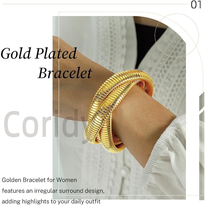 Gold Bangles for Women Chunky Bracelets Gold Plated Wide Ribbed Design Bangle Jewelry