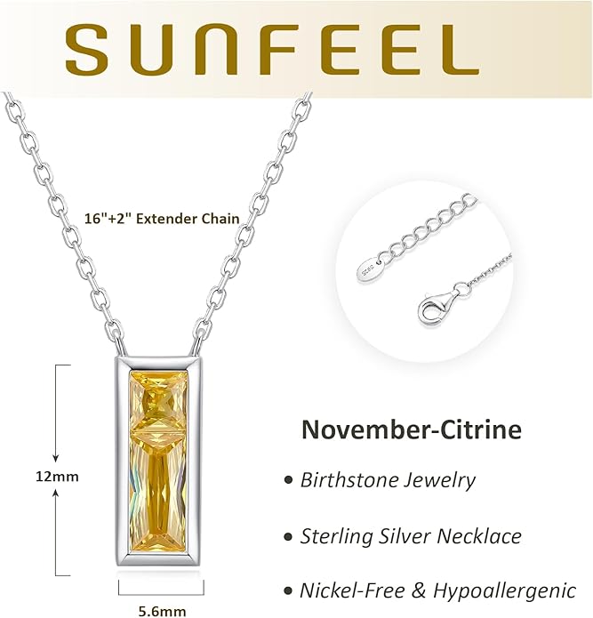 SUNFEEL Birthstone Necklace for Women, S925 Sterling Silver Necklaces with Square Cubic Zirconia Gemstone Necklace Women's Jewelry Anniversary Birthday Gifts for Women Mom Wife Her