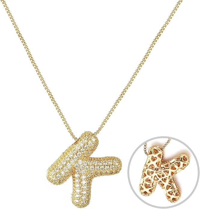 RWQIAN Letter Necklace for Women Bubble, Chunky Initial Alphabet A-Z Pendant Puffy Name Personalized Necklace Dainty Zircon CZ Fashion Jewelry Gifts for Girls Girlfriend