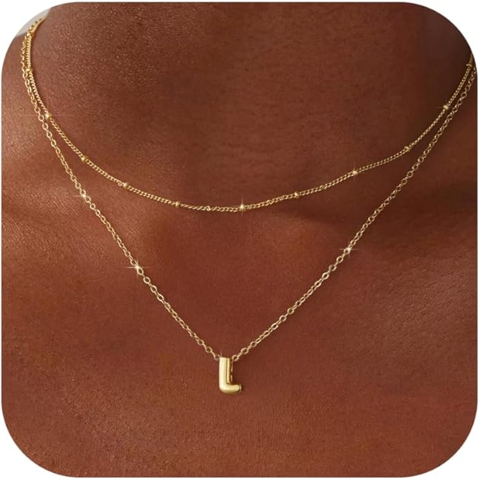 Valentines Day Gifts for Her - Bubble Letter Necklace Layered 14K Gold Plated Initial Necklaces for Women Dainty Cute Choker Pendant Stack Jewelry Fashion Accessories Teen Gift Trendy Stuff