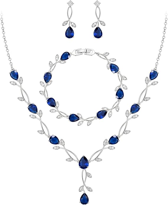 EVER FAITH Bridal Cubic Zirconia Jewelry Sets for Women, White Simulated Pearl Leaf Vine Pendant Wedding Party Necklace Earrings Set for Bridesmaid Bride