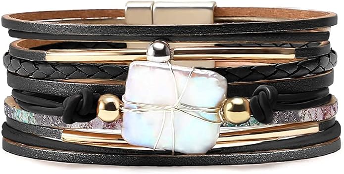 Fesciory Leopard Bracelet for Women, Boho Leather Wrap Multi-Layer Pearl Crystal Bracelet Bangle Jewelry
