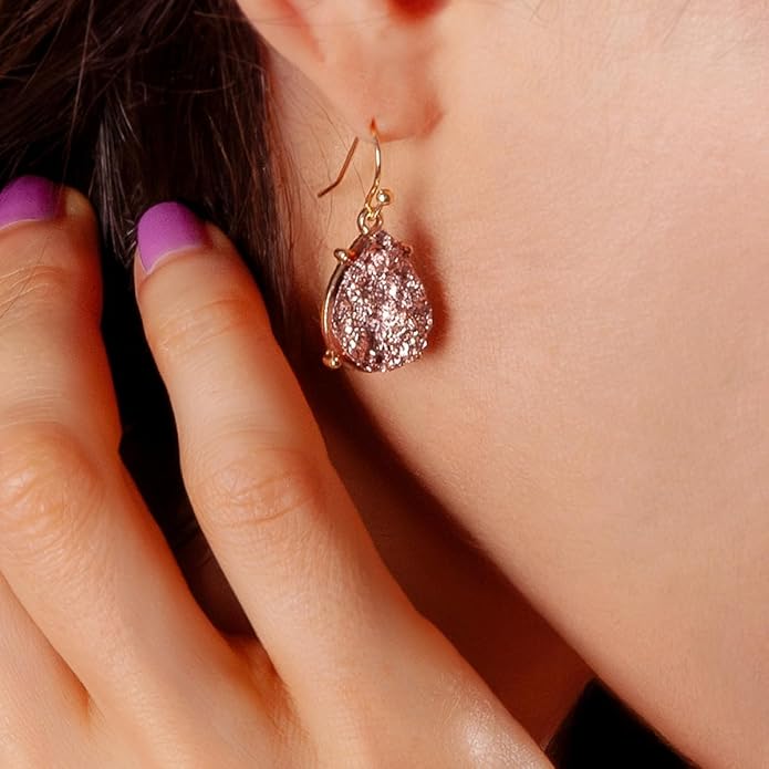 Teardrop Dangle Earrings for Women with Simulated Druzy Stones in Gold or Silver Tone