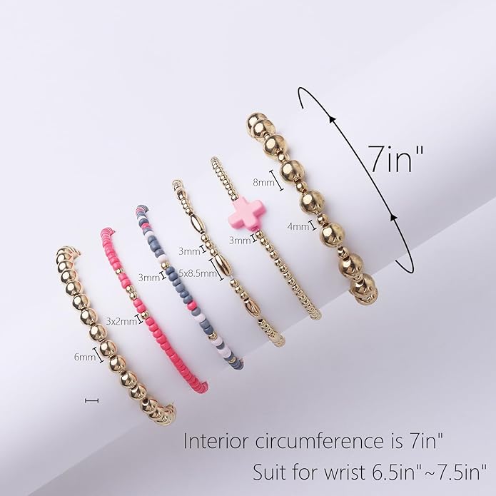 Gold Bracelets for Women Waterproof, 14K Gold Plated Beaded Cross Bracelets Set,Boho Stretch Bracelets Stackable Jewelry for Women Teenage Girls Jewelry Christmas Gifts