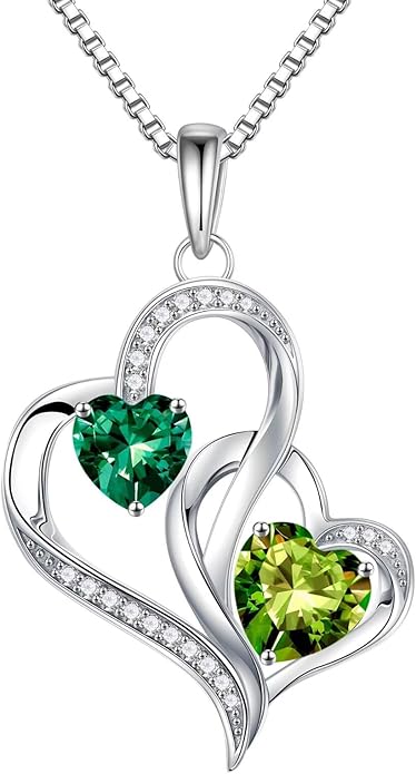 Iefil Valentines Day Gifts for Her - 925 Sterling Silver Double Birthstone Necklace, Heart Necklaces for Women, Anniversary Birthday Gifts, Personalized Jewelry Gift for Wife Mom Girlfriend