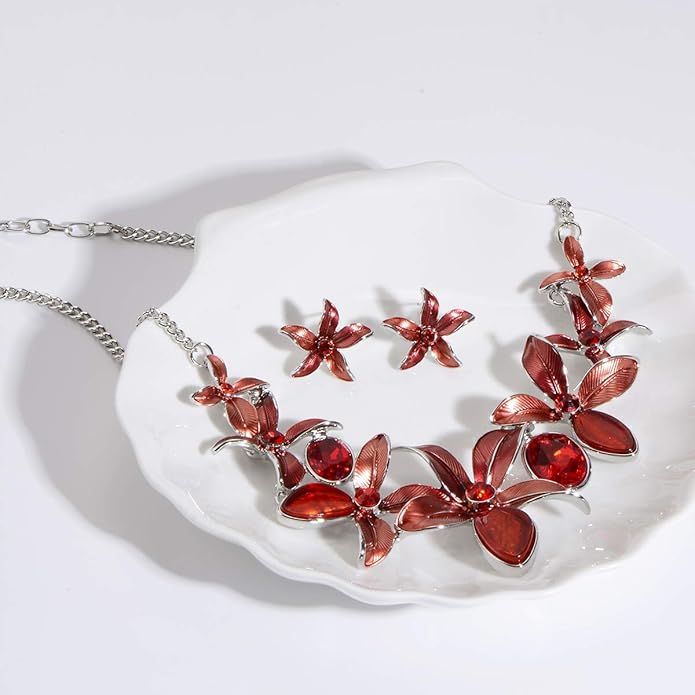AMYJANE Vintage Statement Jewelry Set - Spring Leaf Flower Floral Plant Necklace Earring Set Crystal Rhinestone Fashion Costume Jewelry for Women Prom Party Unique Gift