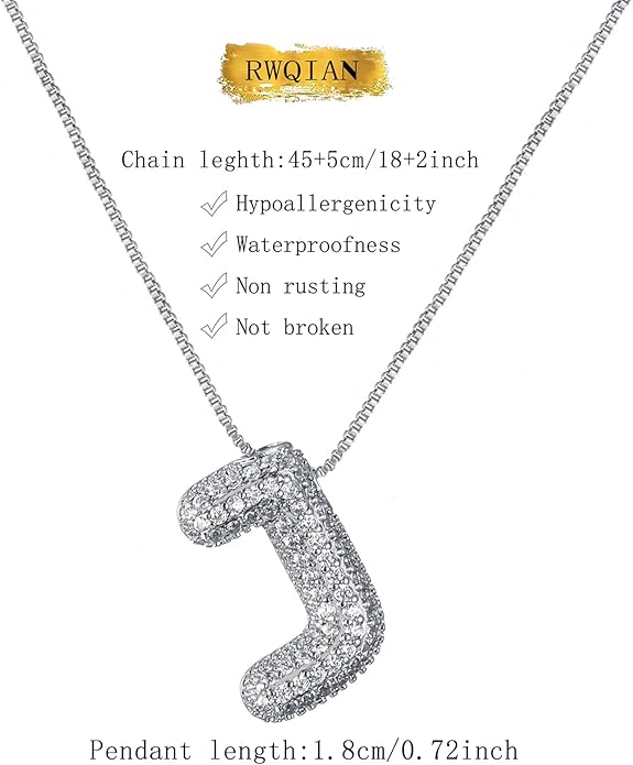 RWQIAN Letter Necklace for Women Bubble, Chunky Initial Alphabet A-Z Pendant Puffy Name Personalized Necklace Dainty Zircon CZ Fashion Jewelry Gifts for Girls Girlfriend