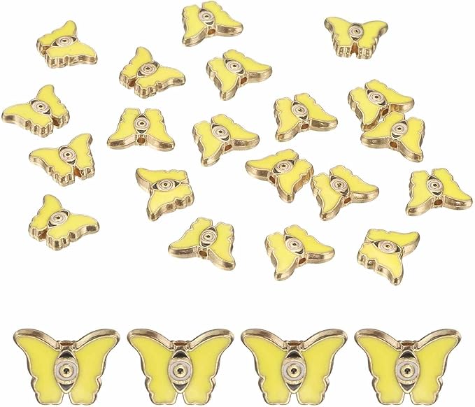 MECCANIXITY 20 Pcs Butterfly Evil Eye Beads Colorful Flat Loose Spacer Evil Eye Charms for DIY Bracelet Earrings Necklace Crafts Jewelry Making, Yellow