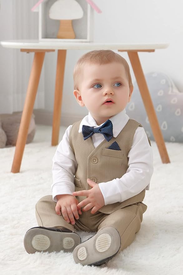DISAUR Baby Boy Clothes Toddler Boy Outfits 4PCS Gentleman Dress Romper/Vest/Pants/Bow Tie Cotton Suit Sets