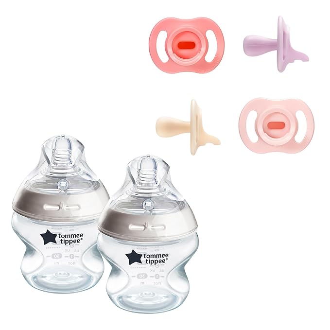 Tommee Tippee Ultra-Light StayPut Pacifier, 0-6m, 4 Pack, Pink & Natural Start Anti-Colic 5 oz BPA Free Newborn Baby Bottles, Designed for Seamless Transition Between Bottle and Breast, Pack of 2