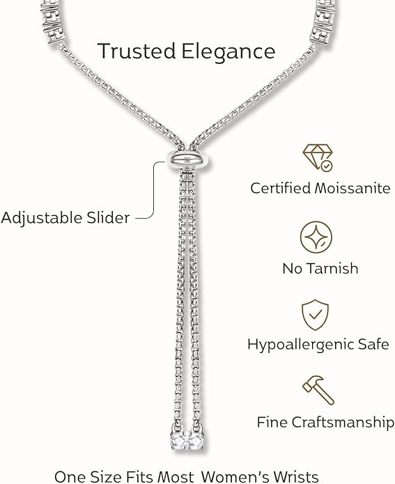 LOVE&LOVE Moissanite Tennis Bracelet for Women, Adjustable 18K Gold Plated 925 Sterling Silver Bracelet, 3/4mm D VVS1 Round Cut, Luxury Jewelry Gift for Wife Mom Girlfriend Birthday Anniversary