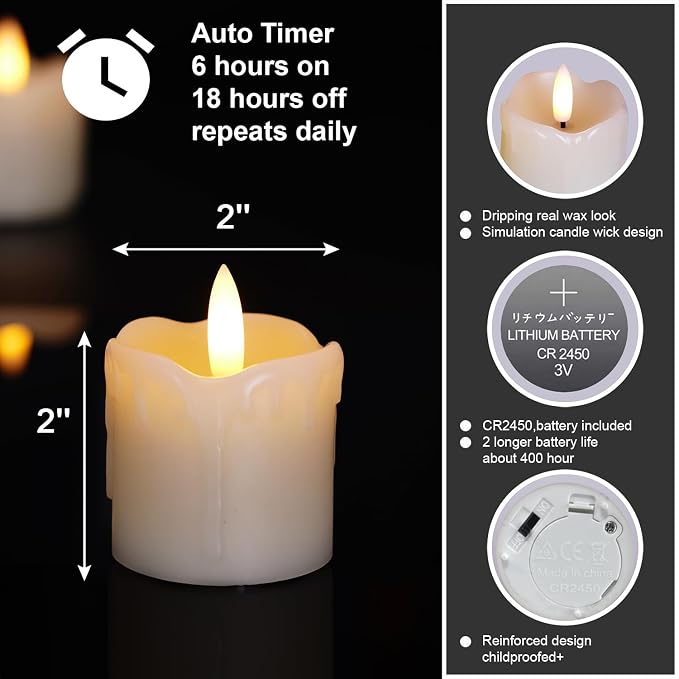 Homemory 2"x2" Real Wax Flameless LED Votive Candles, 6H Timer, 6 Pack | 400+ - Image 2