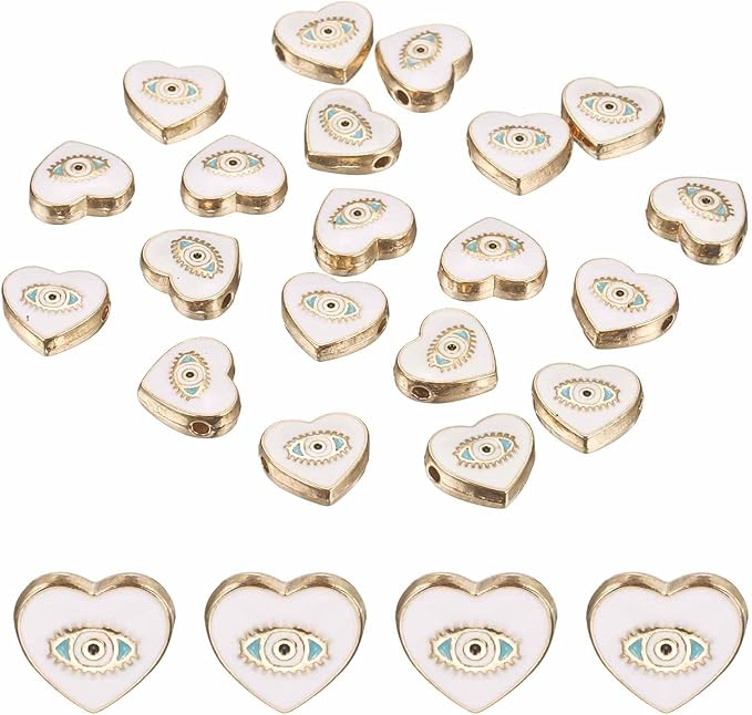 MECCANIXITY 20 Pcs Heart Evil Eye Beads Colorful Flat Loose Spacer Evil Eye Charms for DIY Bracelet Earrings Necklace Crafts Jewelry Making, White