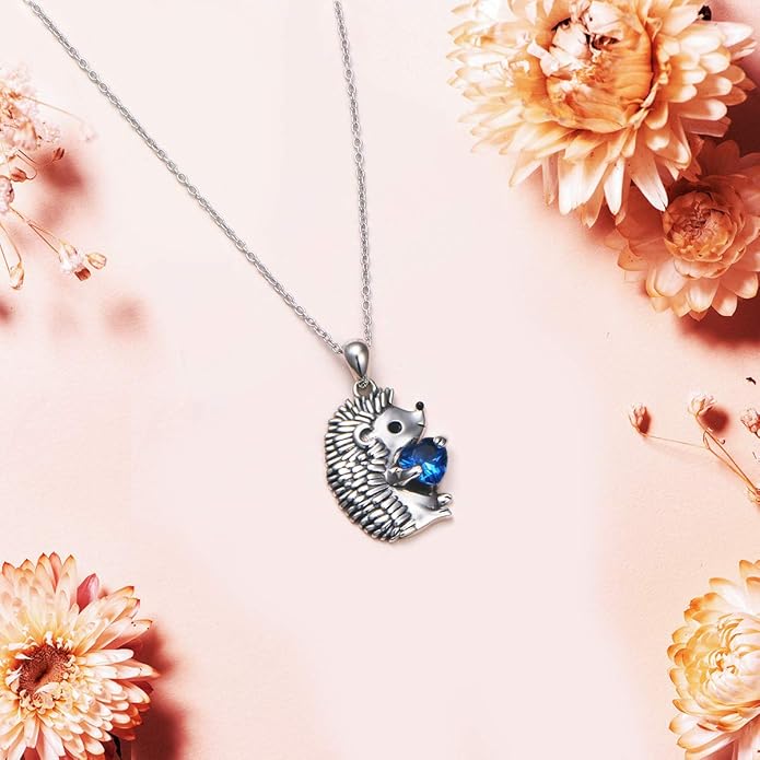 FLYOW 925 Sterling Silver Cute Animal Heart CZ Hedgehog Pendant Necklace and Stud Earrings Bracelet Set for Women Birthday Jewelry