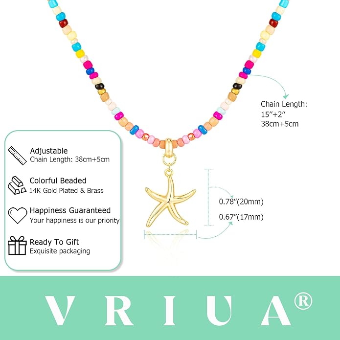 VRIUA Colorful Beaded Necklaces for Women – Summer Beach Boho Starfish, Conch, Shell, Pearl, Palm tree Pendant Necklace Jewelry
