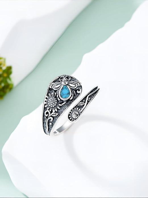 JKR Turquoise Spoon Rings for Women Sterling Silver Vintage Antique Thumb Ring Boho Jewelry Anniversary Birthday Gift for Wife Her Mom