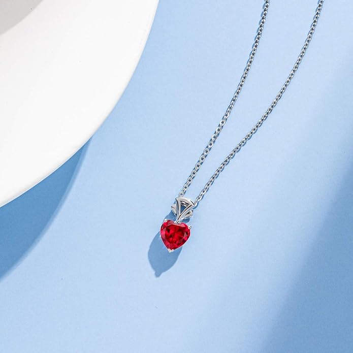 Agvana Valentines Day Gifts 14K White Gold Gemstone Pendant with Sterling Silver Chain 8mm Heart Birthstone Necklace for Women Fine Jewelry Anniversary Birthday Gifts for Women Mom Wife Girlfriend Her
