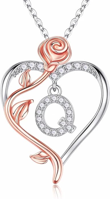 Iefil Valentines Day Gifts for Her - 925 Sterling Silver Rose Heart Initial Necklace, Anniversary Birthday Gifts for Women, Jewelry Gift for Her Wife Girlfriend
