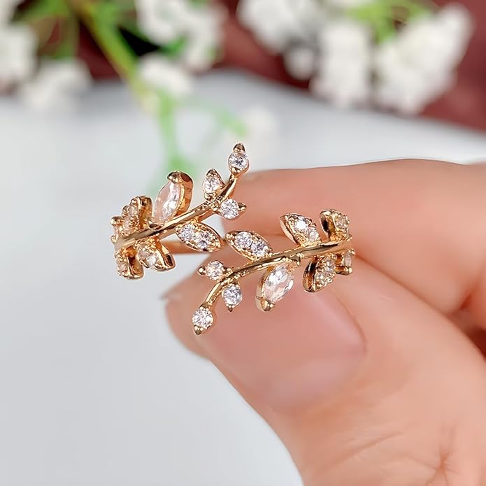 Adjustable S925 Sterling Silver Ring for Women,Branch Leaves Band Stacking Finger Ring,Paved Cubic Zirconia Stone Stackable Open Ring
