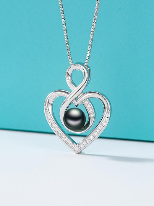 Tahitian Black Pearl AAAA 18K White Gold Plated Sterling Silver Heart Pendant Necklace for Women Wife Mom Girlfriend Valentine Her Jewelry Gift for Anniversary Birthday Christmas