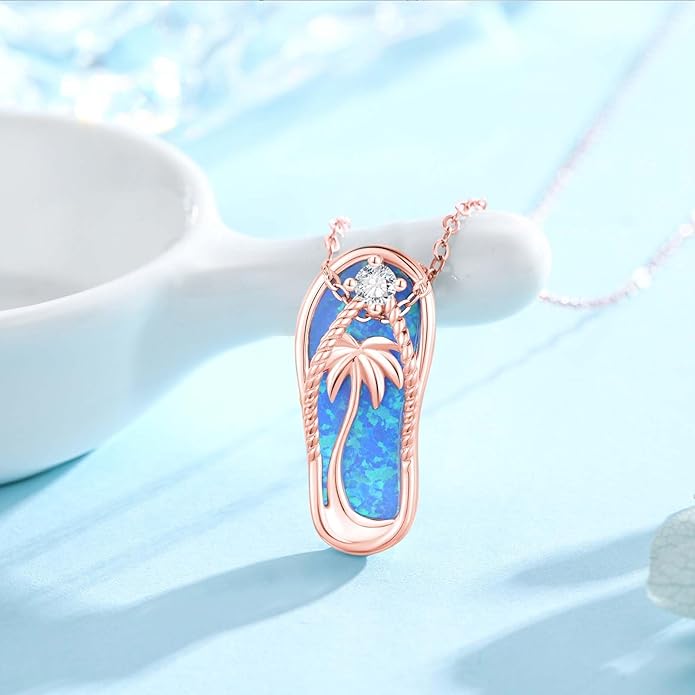Midir&Etain Ocean Necklace 925 Sterling Silver Blue Opal Necklace Starfish/Flip Flop/Shark Pendant Beach Ocean Jewelry for Women