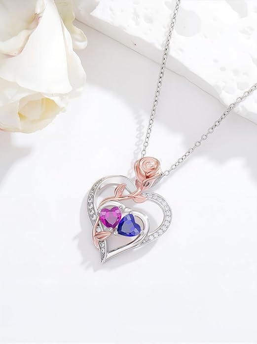 Rose Flower Heart Pendant for Women Birthday Gifts 18k Gold Plated Mother Daughter Necklace with 12 Months Birthstone Christmas Valentines Day Gifts for Her Mom Anniversarry Jewelry for Mom Wife Girlfriend