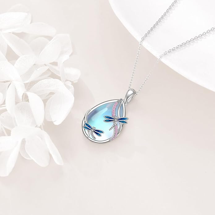 KQF Dragonfly/Butterlfy/Cat/Jellyfish/Bunny/Axolotl/Bee/Mermaid/Hummingbird/Elephant Necklace for Women Sterling Silver Moonstone Pendant Necklace Dragonfly Jewelry Gifts for Women
