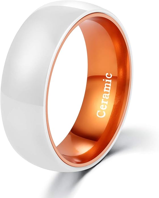POYA White Ceramic Ring 6mm 8mm Wedding Band for Men Women Inlay Anodized Aluminum Liner Comfort Fit
