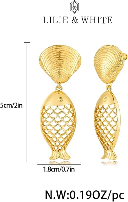 LILIE&WHITE Gold Fish Dangle Earrings for Women With Trendy Shell Earrings Chic Mermaid Seashell Earring Fashion Jewelry Gift