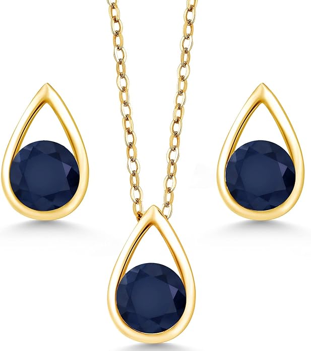 Gem Stone King 18K Yellow Gold Plated Silver 5MM Round Gemstone Birthstone Teardrop Pendant Earrings Set | Jewelry Set for Women | With 18 Inch Chain