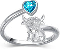 Highland Cow Ring 925 Sterling Silver Adjustable Ring Birthstone Ring Engraved Name Highland Cow Gifts Jewelry for Women